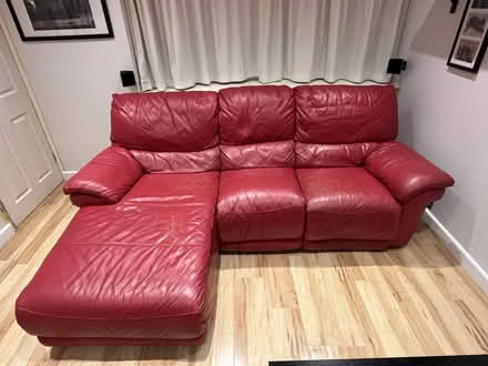 Photo of free Red Sofa with Chaise and Recliner and Storage Footstool (Woodley RG5) #1