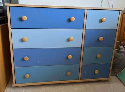 Photo of free Chest of drawers, light wood effect with blue drawers (Frogmore GU17) #1