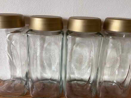 Photo of free 11 Glass Jars with gold Lids (Mappleborough Green B80) #1