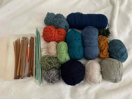 Photo of free Acrylic Yarn and knitting needles (South Maple Ave) #1