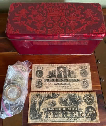 Photo of free Red Tin Box with Replica Currency (Redwood City) #1