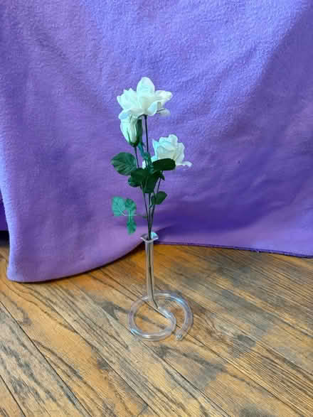 Photo of free Glass bud vase with silk roses (Waltham near Belmont line) #1