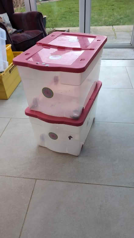 Photo of free Pair of lidded crates on wheels (Woodmancote) #1