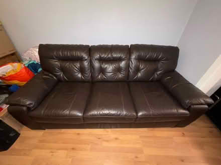 Photo of free Three seater brown leather sofa (Enfield) #1