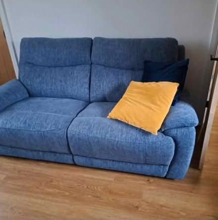 Photo of free 3 seater Blue Fabric sofa (BD11 Drighlington) #1