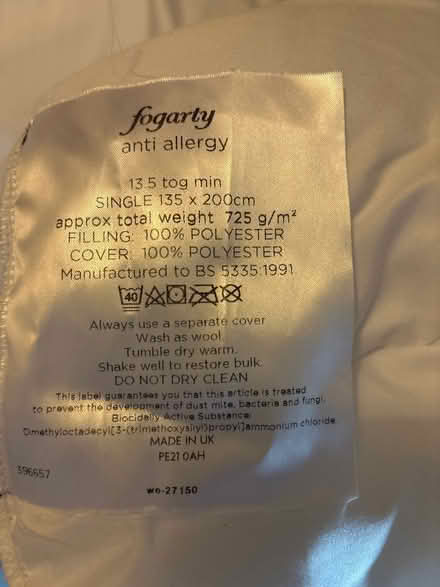 Photo of free Single duvet/quilt 13.5 tog fogarty (Crockford Bridge Farm KT15) #2