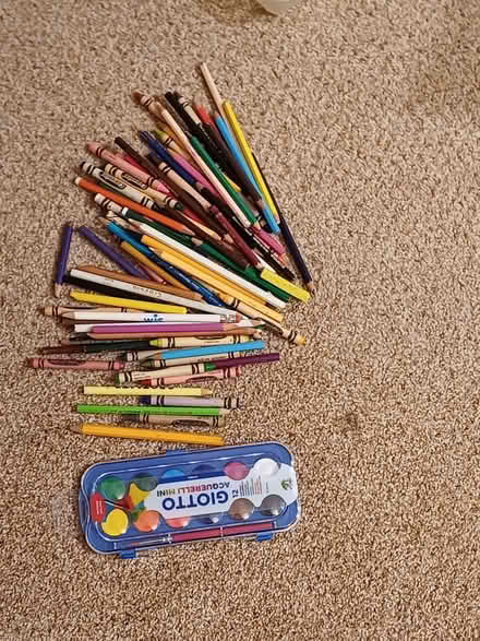 Photo of free Colouring pencils wax crayons and unused palette of paints (Steyning BN44) #1