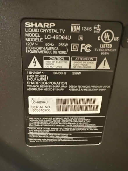 Photo of free 45" Sharp LCD TV WITH power cord (Burlingame, CA) #2