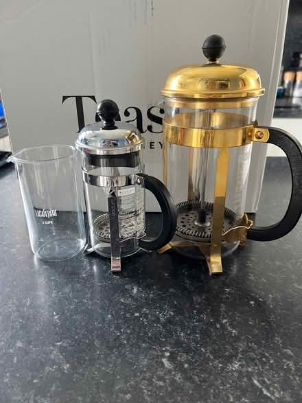 Photo of free Two cafetières, tweed cosy for large cafetiere & spare glass (Clarkston G76) #1