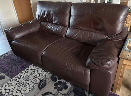 Photo of free 2 brown faux leather sofas (Woodmancote GL7) #1