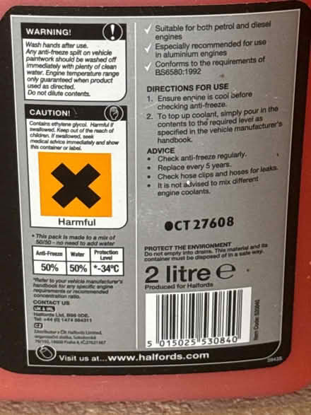 Photo of free Halfords advncd. Antifreeze/coolant (Sevenoaks TN13) #2