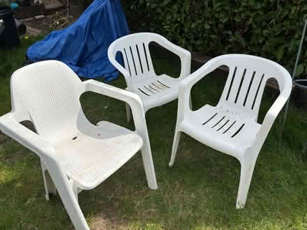 Photo of free White plastic garden chairs & red cushions (Far Bletchley MK3) #1