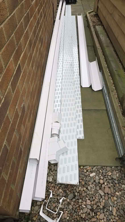 Photo of free White uPVC downpipe, gutter, fittings, soffit, fascia (Stone Cross BN23) #1