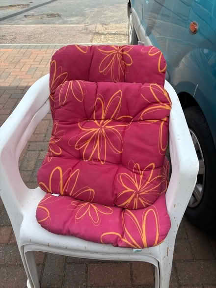 Photo of free White plastic garden chairs & red cushions (Far Bletchley MK3) #2