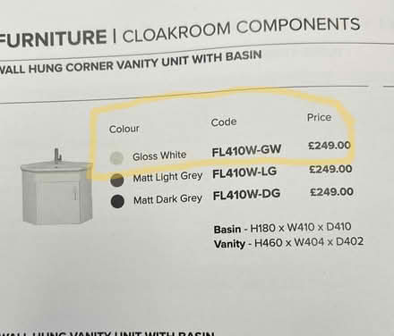 Photo of free Corner vanity with basin in white gloss (no tap inc) (Olympia W14) #1