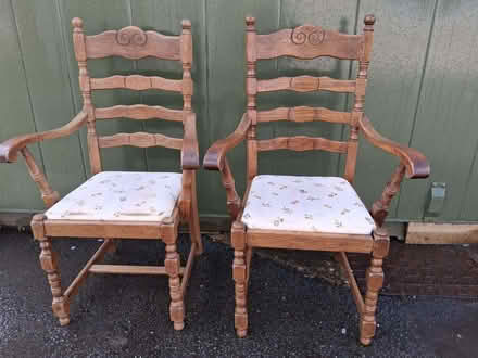 Photo of free Wooden chairs with arms and cushion seat (Lower Hengoed SY10) #1