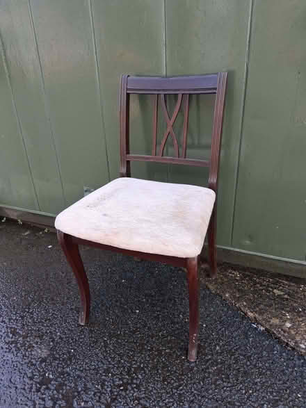 Photo of free 2 wooden chairs with cream seat (Lower Hengoed SY10) #1
