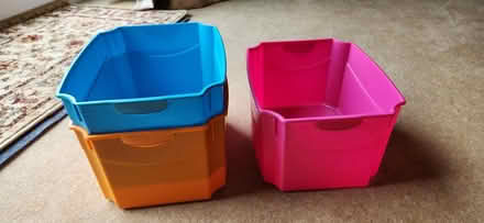 Photo of free 3 colourful plastic storage bins (GL53, Leckhampton, Cheltenham) #1
