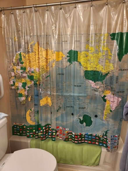 Photo of free World map shower curtain (Wedgwood, Seattle, WA, US) #1