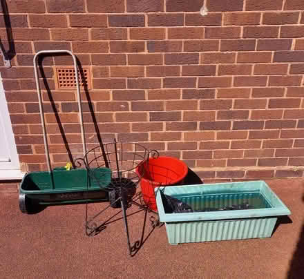 Photo of free Seed spreader .Metal flower basket stand. Red plastic tub. (Wildwood ST17) #1