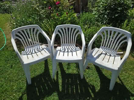 Photo of free Three White Weathered Plastic Garden Chairs (Bozeat NN29) #1