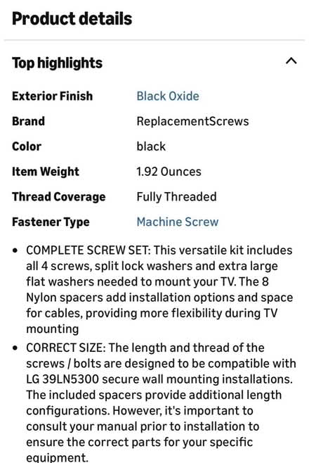 Photo of free LG TV replacement mounting screws (Buffalo Grove, IL) #2