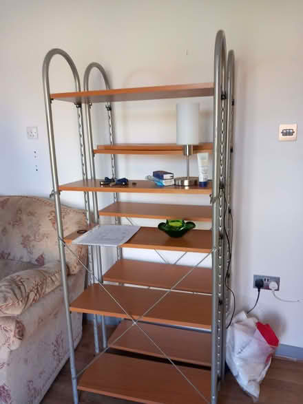 Photo of free Metal and wooden shelving units. (Roundswell EX31) #1