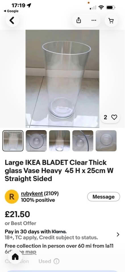 Photo of free IKEA Bladet. Large glass Vase. (Grange-over-Sands LA11) #1