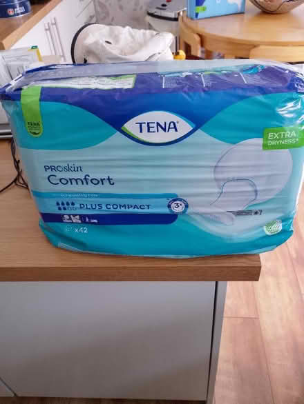 Photo of free Large Tena incontinence pads 42 in pack.3packs of pads. (Wood Top BB4) #1