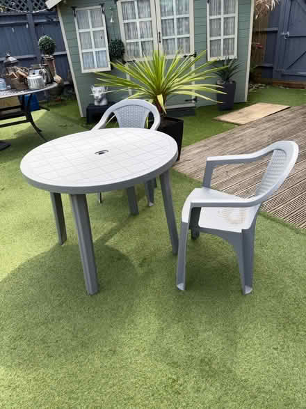 Photo of free Grey garden table and 2 chairs (Cold Harbour OX1) #1