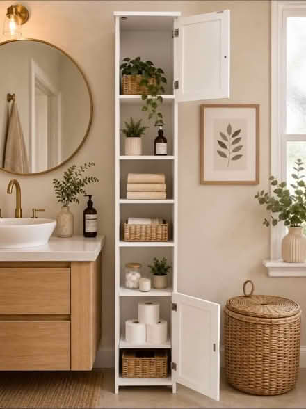 Photo of Single white bathroom tall cabinet (UB7) #1