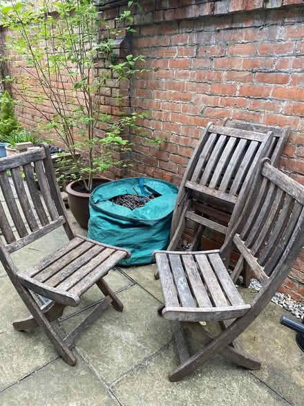 Photo of free 4 wooden garden chairs (Bedford) #1