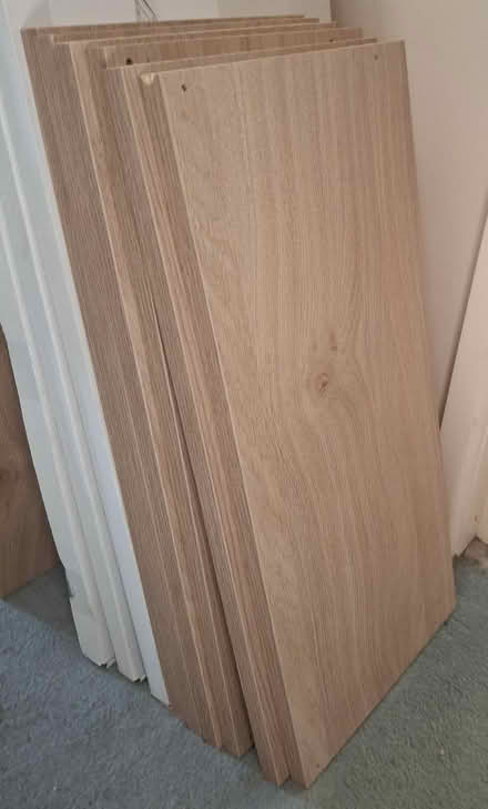 Photo of free 6 oak coloured shelves (Castle Ward Lancaster) #1