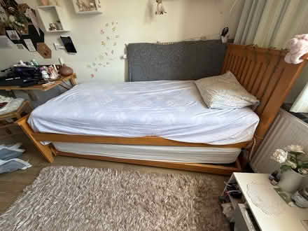 Photo of free Pine single trundle bed & mattress (Barnes SW13) #2