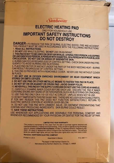Photo of free Sunbeam Moist/Dry Heating Pad (West San Jose 95128) #2